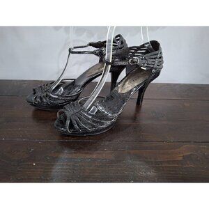 EUC New York Transit Black Metallic Strappy Open-Toe Heels/Sz. 8M